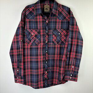 Coevals Club Mens Sz Large Pearl Snaps Long Sleeve Button Down Plaid Red Blue